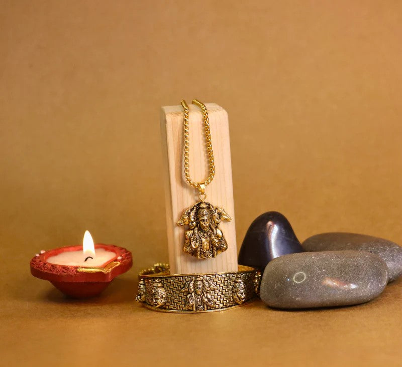 Golden Panchmukhi Hanuman Pendant with Golden Kada