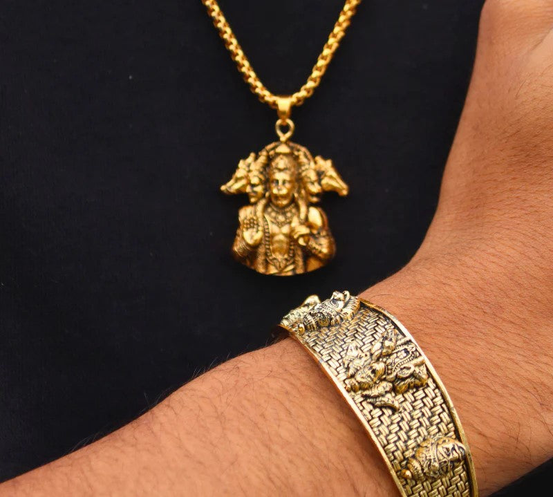 Golden Panchmukhi Hanuman Pendant with Golden Kada
